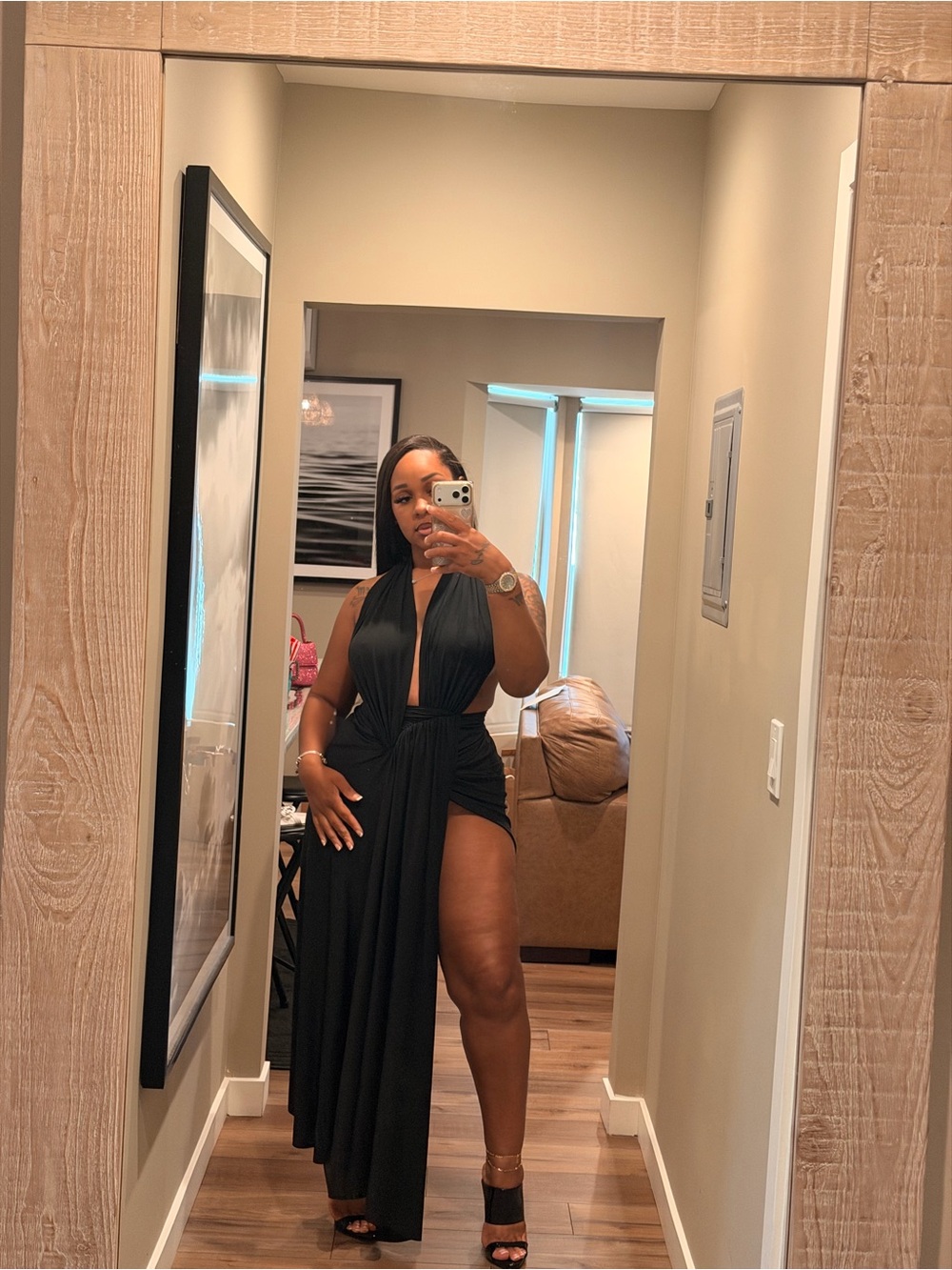 Elegant Black Backless Halter Maxi Dress with High Side Drape